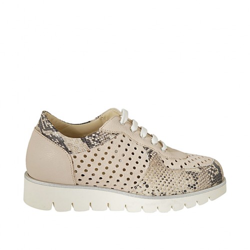 Scarpa stringata da donna con platare estraibile in pelle, camoscio forato rosa e pelle stampata zeppa 3 - Misure disponibili: 32, 33, 34, 42, 43, 44, 45