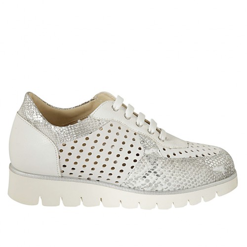 Woman's laced shoe with removable insole in white pierced suede, leather and silver printed leather wedge heel 3 - Available sizes:  33, 34, 42, 43, 44