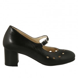 Decolté da donna con cinturino, plantare estraibile e fori in pelle nera tacco 5 - Misure disponibili: 32, 33, 34, 42, 43, 44, 45