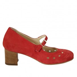 Decolté da donna con cinturino, plantare estraibile e fori in camoscio rosso tacco 5 - Misure disponibili: 32, 33, 34, 43, 44, 45