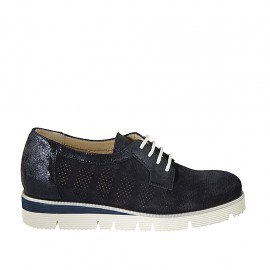 Zapato con cordones y plantilla extraible en piel laminada y gamuza perforada azul cuña 3 - Tallas disponibles:  33, 34, 42, 43, 44