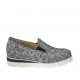 Damenschuh mit Gummibändern und abnehmbarer Innensohle aus blumenbedrucktem blauem und weissem Wildleder Keilabsatz 3 - Verfügbare Größen:  32, 33, 42, 44