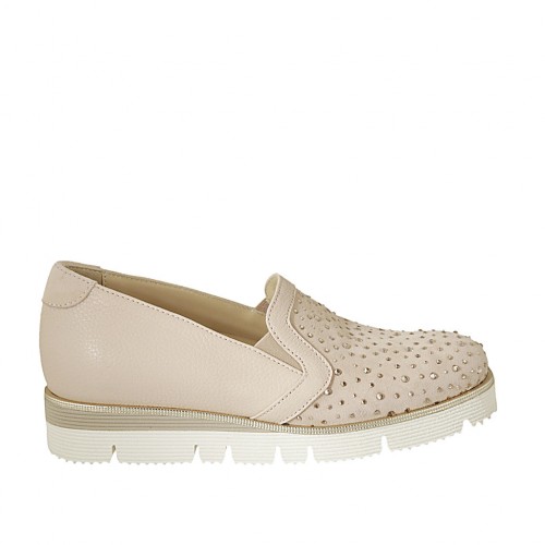 Zapato cerrado para mujer con elasticos y plantilla extraible en gamuza perforada y piel rosa cuña 3 - Tallas disponibles:  33, 34, 43, 44