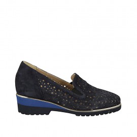 Scarpa accollata da donna con elastici e plantare estraibile in camoscio e camoscio forato blu tacco 4 - Misure disponibili: 42, 43, 44, 45