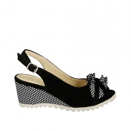 Sandalo da donna con fiocco in camoscio nero e stampato bianco zeppa 6 - Misure disponibili: 33, 34, 42, 43, 44, 45