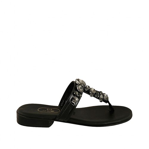 Sabot infradito con pietre da donna in pelle nera tacco 2 - Misure disponibili: 33, 34, 43