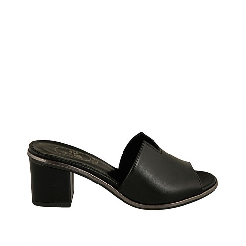 Woman's open mules in black leather heel 5 - Available sizes:  32, 34, 43, 45