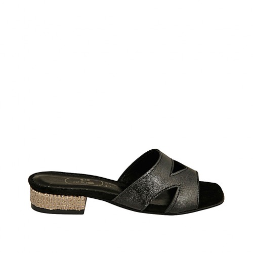Offene Pantolette für Damen aus schwarzem laminiertem Leder und beigeplatinfarbenem Stoff Absatz 2 - Verfügbare Größen:  32, 33, 34, 42, 43, 44, 45