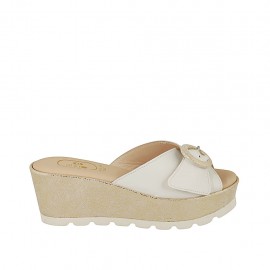 Woman's mules in white and platinum printed laminated leather with buckle wedge heel 6 - Available sizes:  42, 43, 44