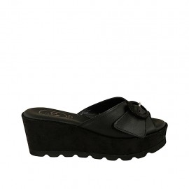 Woman's mules in black leather and laminated printed leather with buckle wedge heel 6 - Available sizes:  42, 44