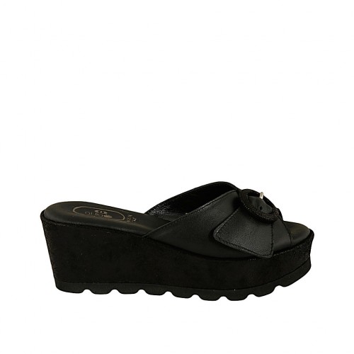 Mule pour femmes en cuir et cuir imprimé lamé noir avec boucle talon compensé 6 - Pointures disponibles:  42, 44