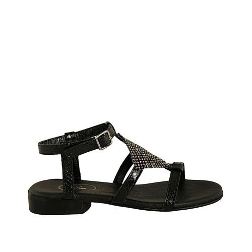 Sandale pour femmes en cuir imprimé noir avec courroie et strass talon 2 - Pointures disponibles:  33, 34