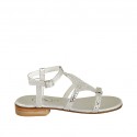 Woman's sandal in silver printed leather with strap and rhinestones heel 2