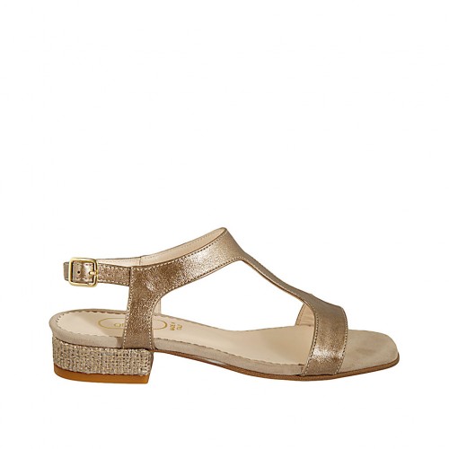 Woman's sandal in bronze laminated leather and fabric heel 2 - Available sizes:  32, 43, 44, 45, 46