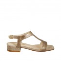 Woman's sandal in bronze laminated leather and fabric heel 2