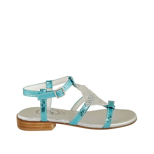 Sandale pour femmes avec strass en cuir lamé et imprimé bleu clair talon 2 - Pointures disponibles:  32, 33, 34, 42, 43, 44, 46