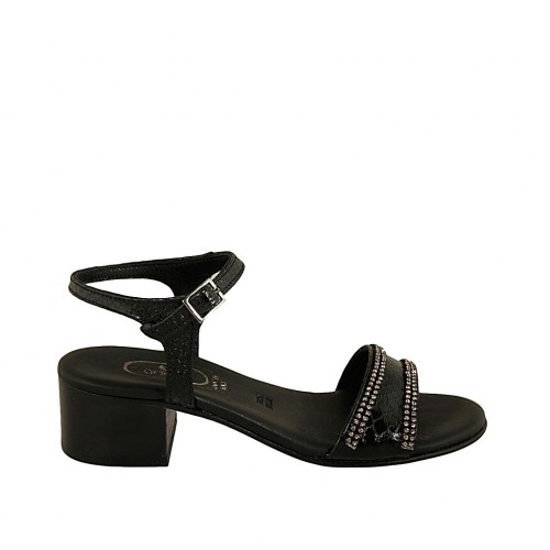 Sandale pour femmes avec courroie et strass en cuir imprimé noir talon 4 - Pointures disponibles:  33, 43, 44, 45, 46