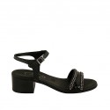 Sandale pour femmes avec courroie et strass en cuir imprimé noir talon 4