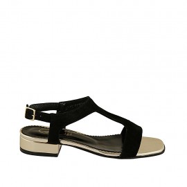 Sandale pour femmes en daim noir et cuir verni lamé platine talon 2 - Pointures disponibles:  32, 33, 34, 43, 44, 46