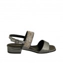 Woman's sandal with multicolored rhinestones in grey laminated leather heel 2
