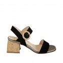 Sandale pour femmes en daim noir et cuir lamé gris avec courroie talon 5