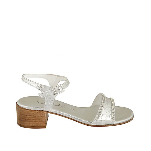 Sandalo da donna con cinturino e strass in pelle stampata laminata argento tacco 4 - Misure disponibili: 32, 33, 34, 42, 43, 44, 45, 46