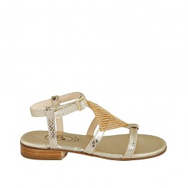 Sandalo da donna con strass in pelle laminata e stampata platino tacco 2 - Misure disponibili: 32, 33, 44