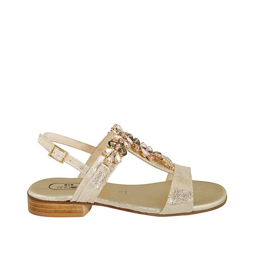 Sandalo da donna in camoscio stampato laminato platino con pietre tacco 2 - Misure disponibili: 32, 33, 34, 42, 43, 44, 45, 46
