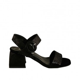 Sandalo da donna con cinturino in camoscio laminato stampato nero tacco 5 - Misure disponibili: 31, 32, 33, 34, 42, 43, 44, 45, 46