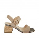 Woman's sandal in beige suede and grey laminated leather with strap heel 5