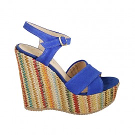 Sandale pour femmes avec plateforme et courroie en daim bleuet et tissu multicouleur talon compensé 12 - Pointures disponibles:  31, 33, 34, 42, 43, 44