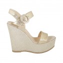 Woman's strap sandal with platform in platinum laminated printed suede wedge heel 12