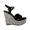 Woman's strap sandal with platform in black suede and grey fabric wedge heel 12