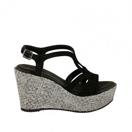 Sandalo da donna con plateau in camoscio nero e tessuto grigio zeppa 9 - Misure disponibili: 32, 33, 34, 42, 43, 44, 45