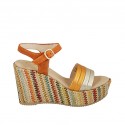 Woman's strap sandal with platform in orange suede, orange and platinum laminated leather and multicolored fabric wedge heel 9