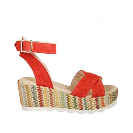 Sandalo con cinturino e plateau in camoscio rosso con zeppa rivestita in tessuto multicolore 6 - Misure disponibili: 43