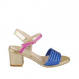 Woman's sandal with strap in platinum, cornflower blue and fuchsia laminated leather heel 5 - Available sizes:  31, 42, 44, 46