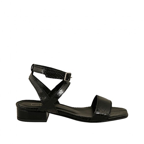 Woman's sandal with ankle strap in black printed leather heel 2 - Available sizes:  32, 33, 34, 42, 43, 44, 45