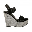 Woman's strap sandal with platform in black laminated printed suede and grey fabric wedge heel 12