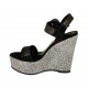 Sandalo con cinturino e plateau in camoscio laminato stampato nero e tessuto grigio zeppa 12 - Misure disponibili: 31, 32, 33, 34, 42, 43, 44
