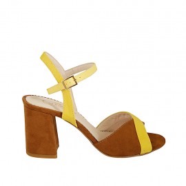 Sandalia con cinturon para mujer en gamuza color cuero y amarillo tacon 7 - Tallas disponibles:  42, 43, 44, 45, 46