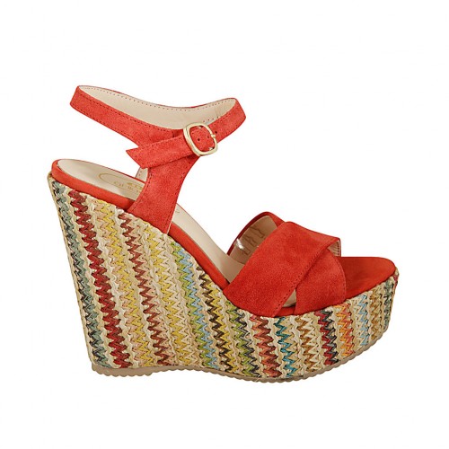 Sandalo con cinturino e plateau in camoscio rosso con zeppa rivestita in tessuto multicolore 12 - Misure disponibili: 33, 34, 42, 43