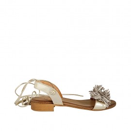 Woman's sandal with laces and fringes in platinum laminated leather and grey suede heel 2 - Available sizes:  33, 34, 42, 43, 44