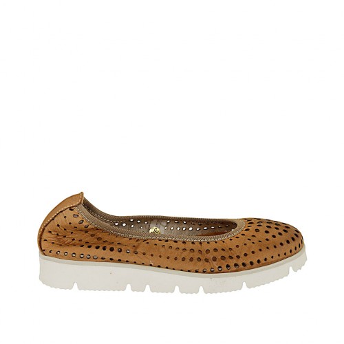 Ballerine pour femmes en cuir perforé brun clair talon compensé 2 - Pointures disponibles:  32, 33, 42, 43, 44