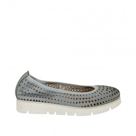 Woman's ballerina shoe in pierced blue grey leather wedge heel 2 - Available sizes:  32, 33, 34, 42, 43, 44
