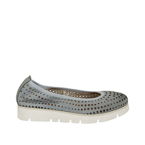 Woman's ballerina shoe in pierced blue grey leather wedge heel 2 - Available sizes:  32, 33, 34, 42, 43, 44