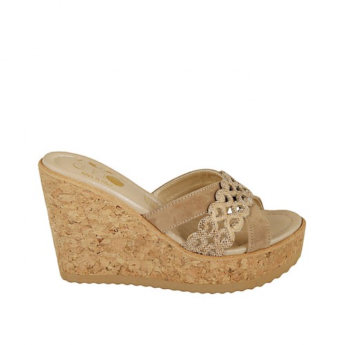 Sabot aperto da donna in camoscio beige e camoscio stampato beige e platino con plateau e zeppa 9 - Misure disponibili: 31, 32, 33, 34, 42, 43