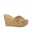 Woman's open mules in beige suede and beige and platinum printed suede with platform and wedge heel 9