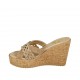 Sabot aperto da donna in camoscio beige e camoscio stampato beige e platino con plateau e zeppa 9 - Misure disponibili: 42