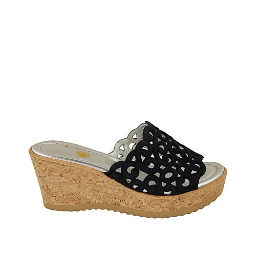 Sabot aperto da donna in camoscio forato blu con plateau e zeppa 7 - Misure disponibili: 31